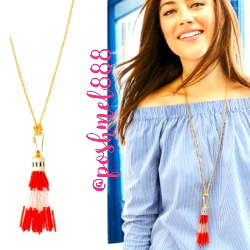 Stella & Dot | Retired Coral Red + Gold Beaded Brio Tassel Necklace
